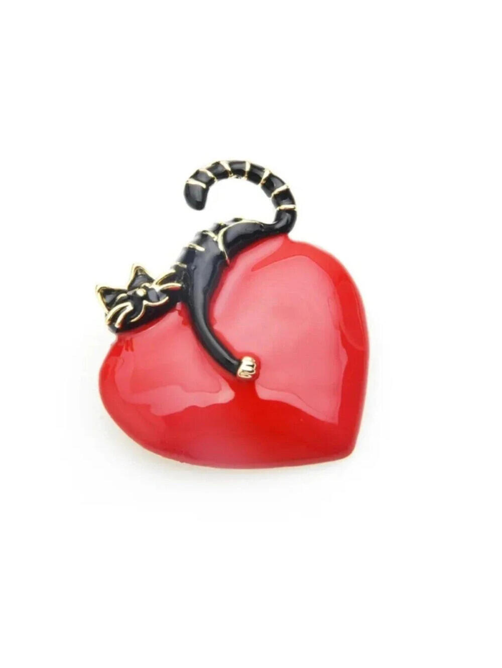 Playful Black Cat on Red Heart Enamel Brooch Pin Gold Tone Jewelry